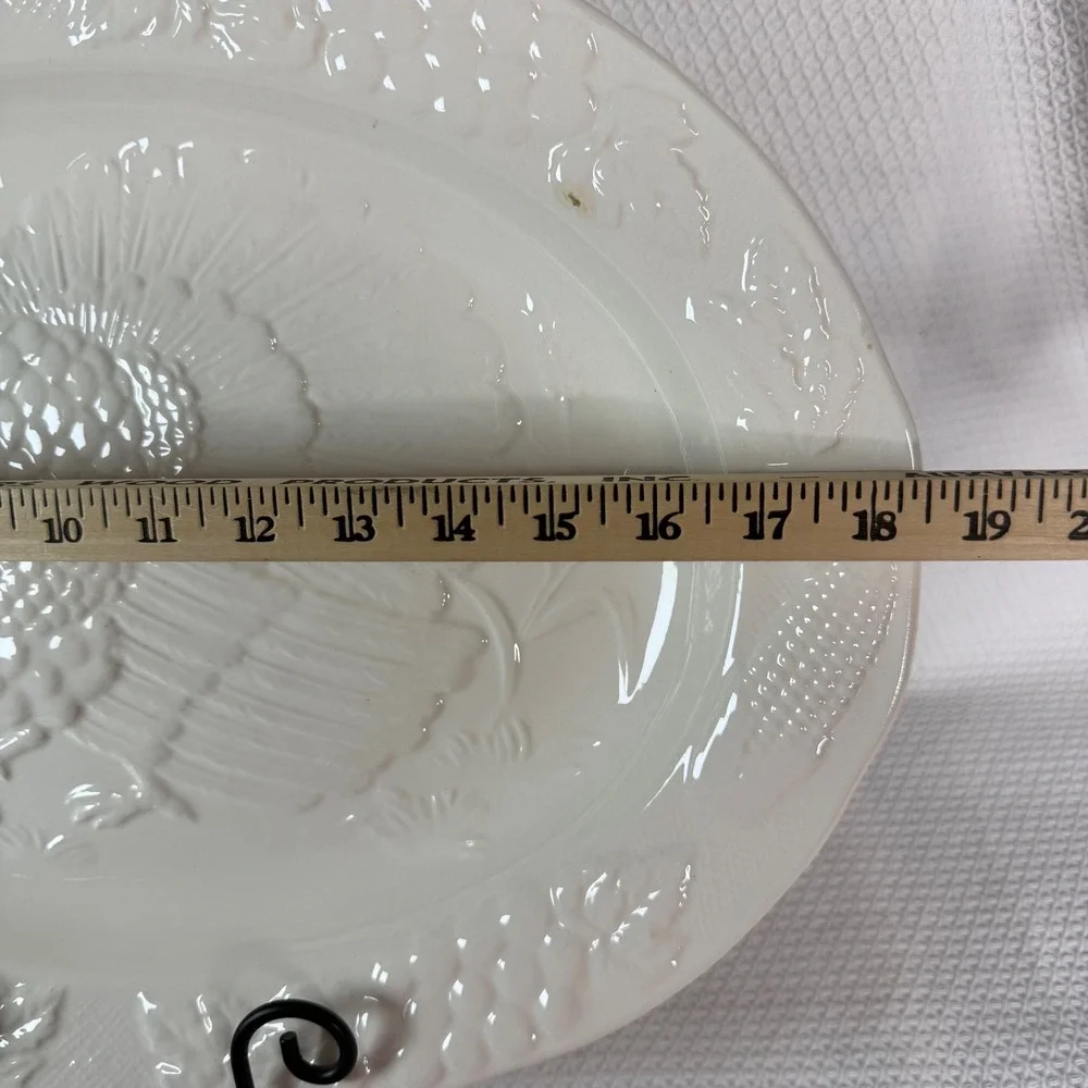 Vintage White Embossed Turkey Harvest Ceramic Oval Serving Platter Made in Japan